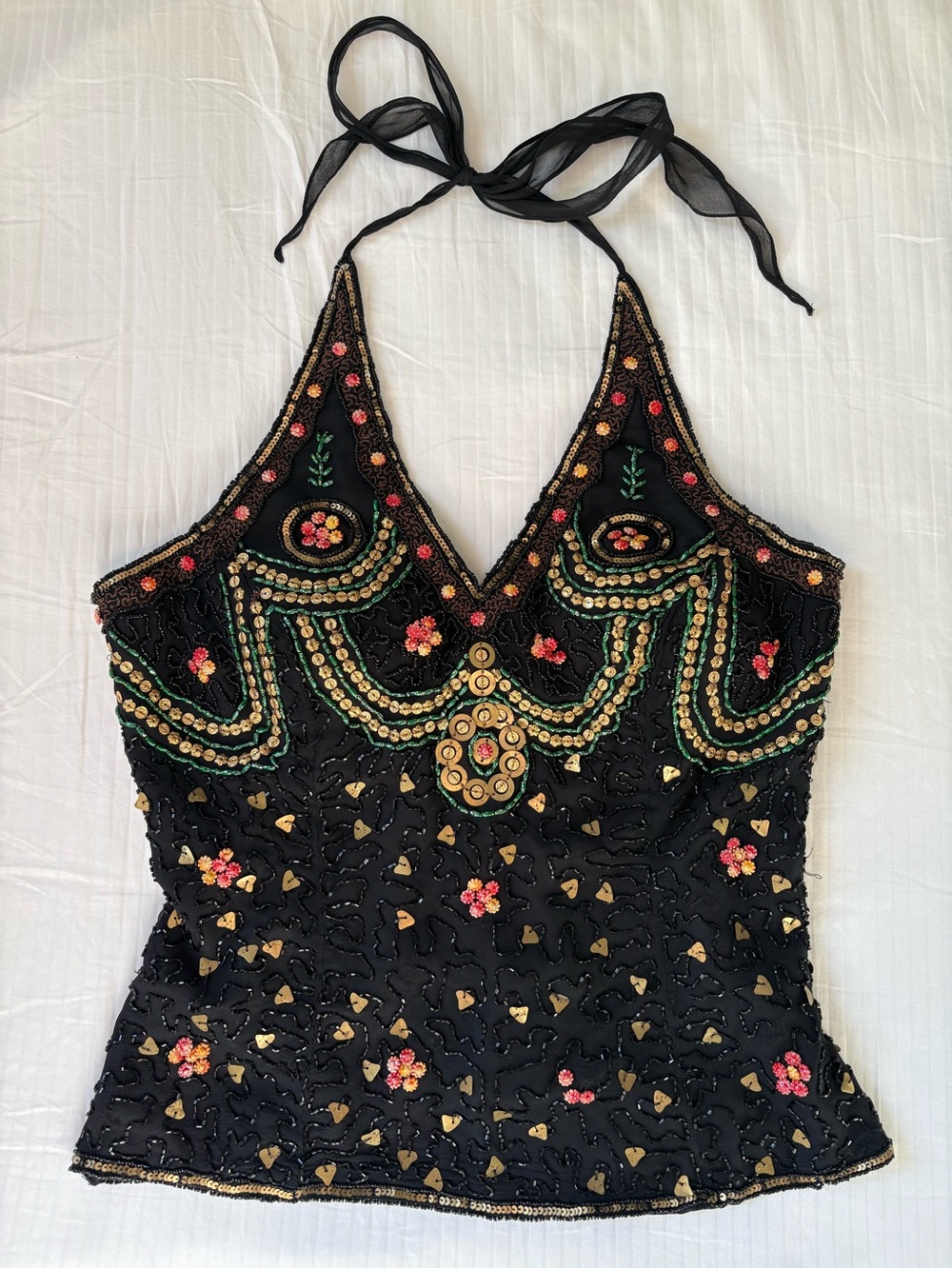 Vintage y2k Boston Proper Beaded 100% Silk Black Halter Top
